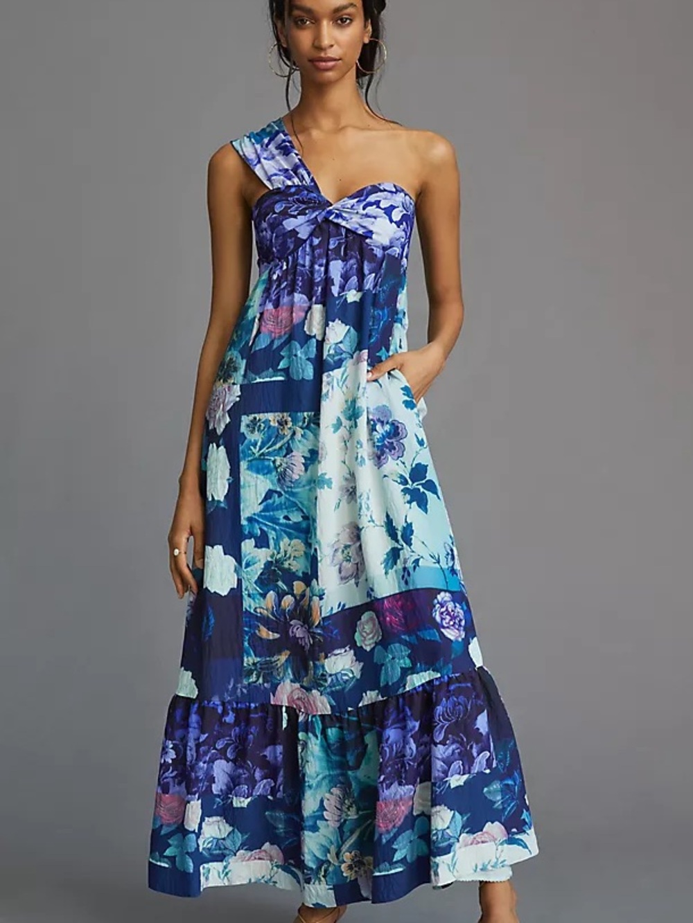 Anthropologie One-Shoulder Blue Pueple Floral Maxi Dress